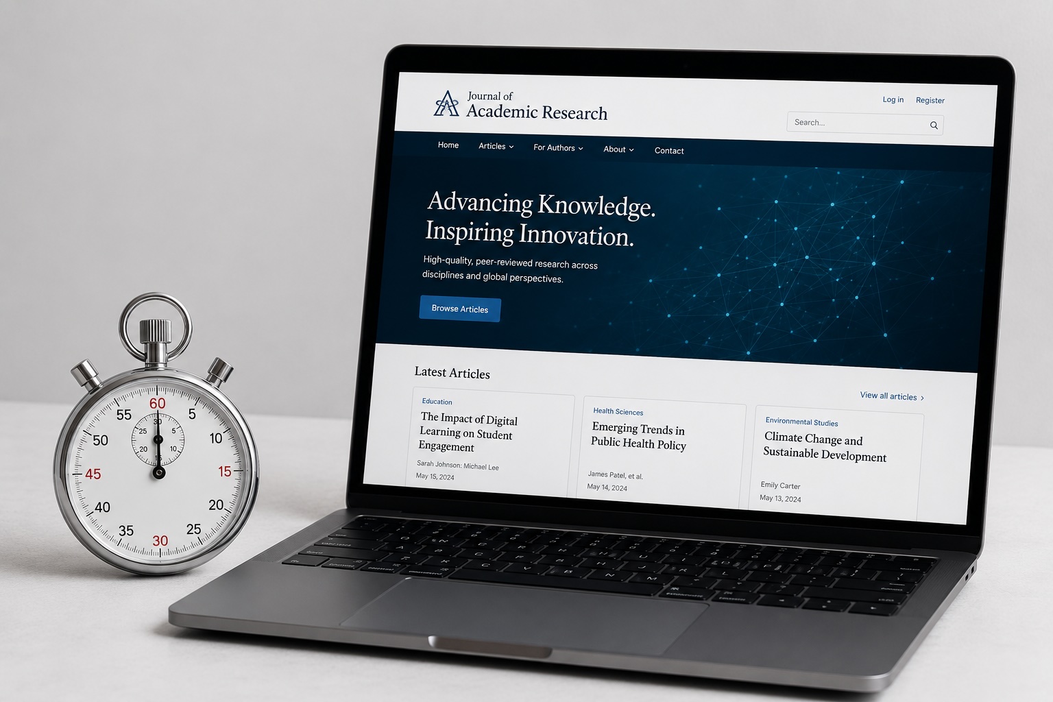 Minimalist desktop scene with a modern laptop displaying a clean academic research website, placed beside a silver stopwatch set to 60 seconds on a light gray surface under soft studio lighting.